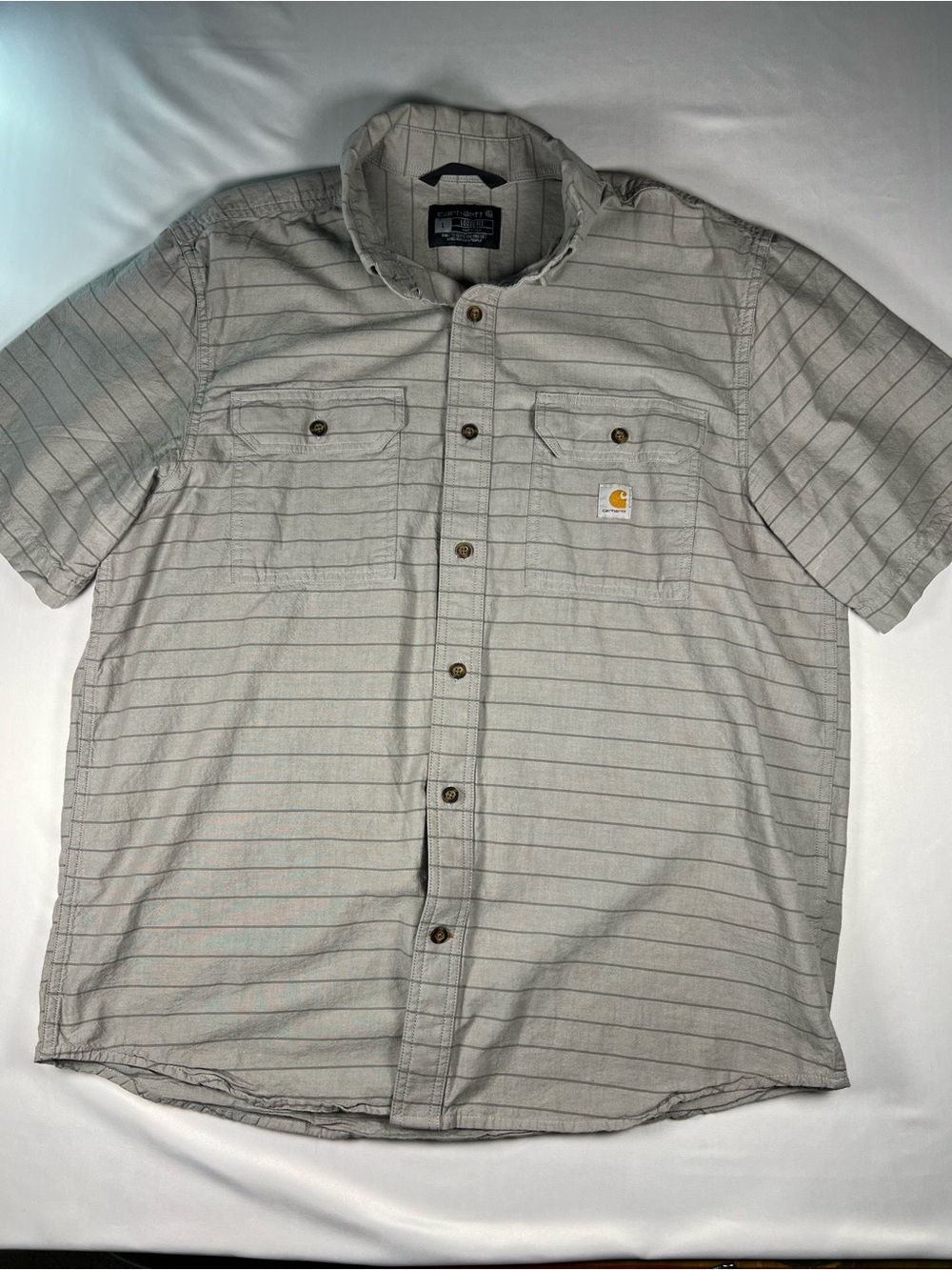 Carhartt Short-Sleeve Button-Down Shirt — Light Gray with Thin Stripes